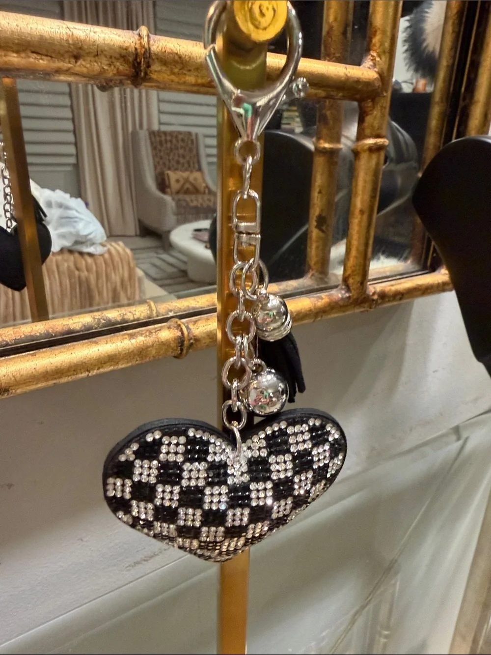 Black & Silver Crystal Heart Keychain Bag Charm